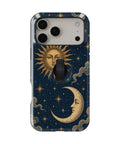 Celestial Sun and Moon MagSafe Loop iPhone Case with built-in finger loop closed