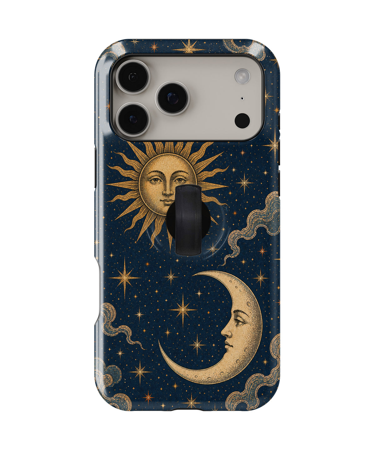 Celestial Sun and Moon MagSafe Loop iPhone Case with built-in finger loop closed