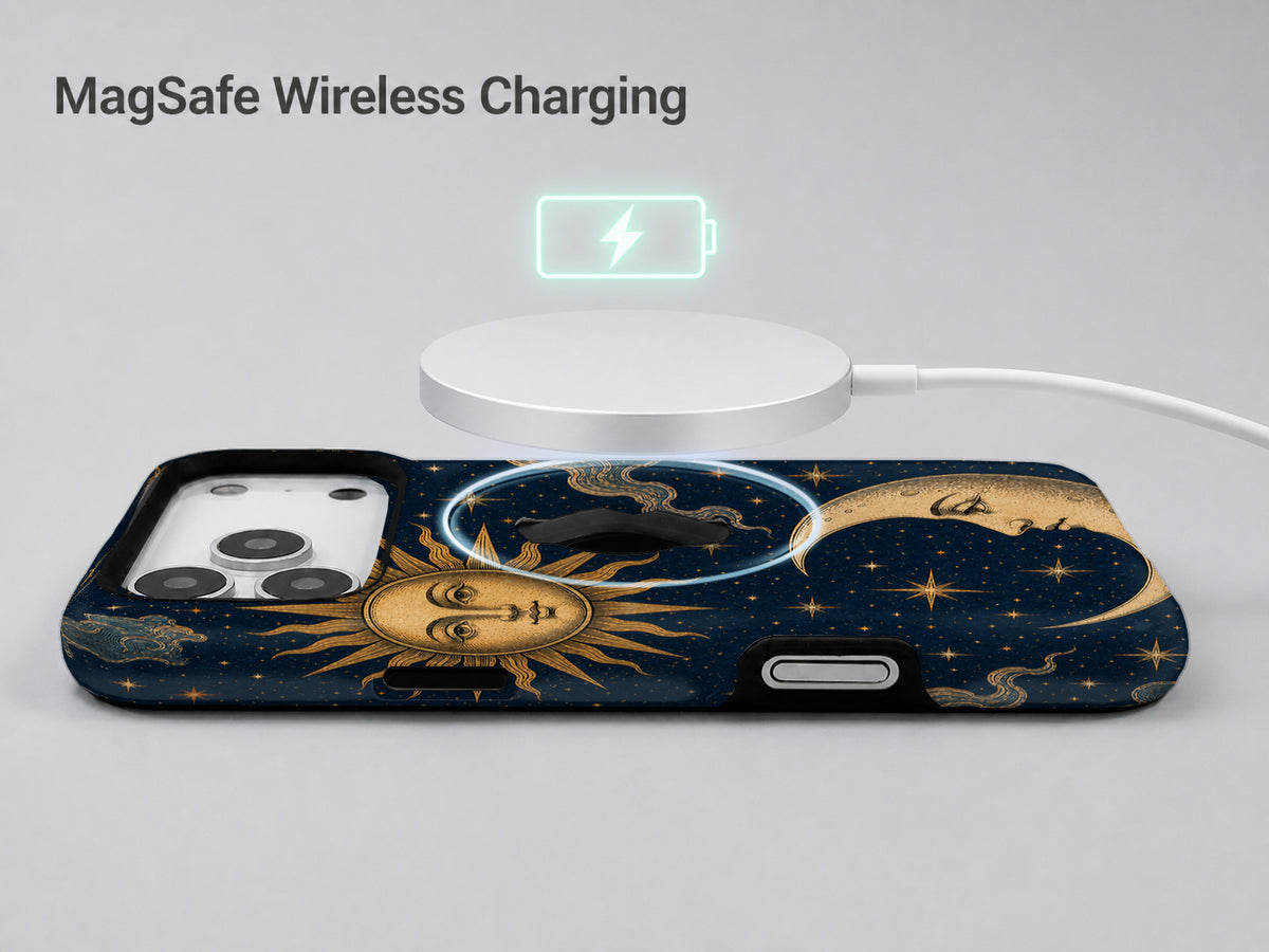 Celestial Sun and Moon MagSafe Loop iPhone Case shown with a MagSafe-compatible wireless charger attached
