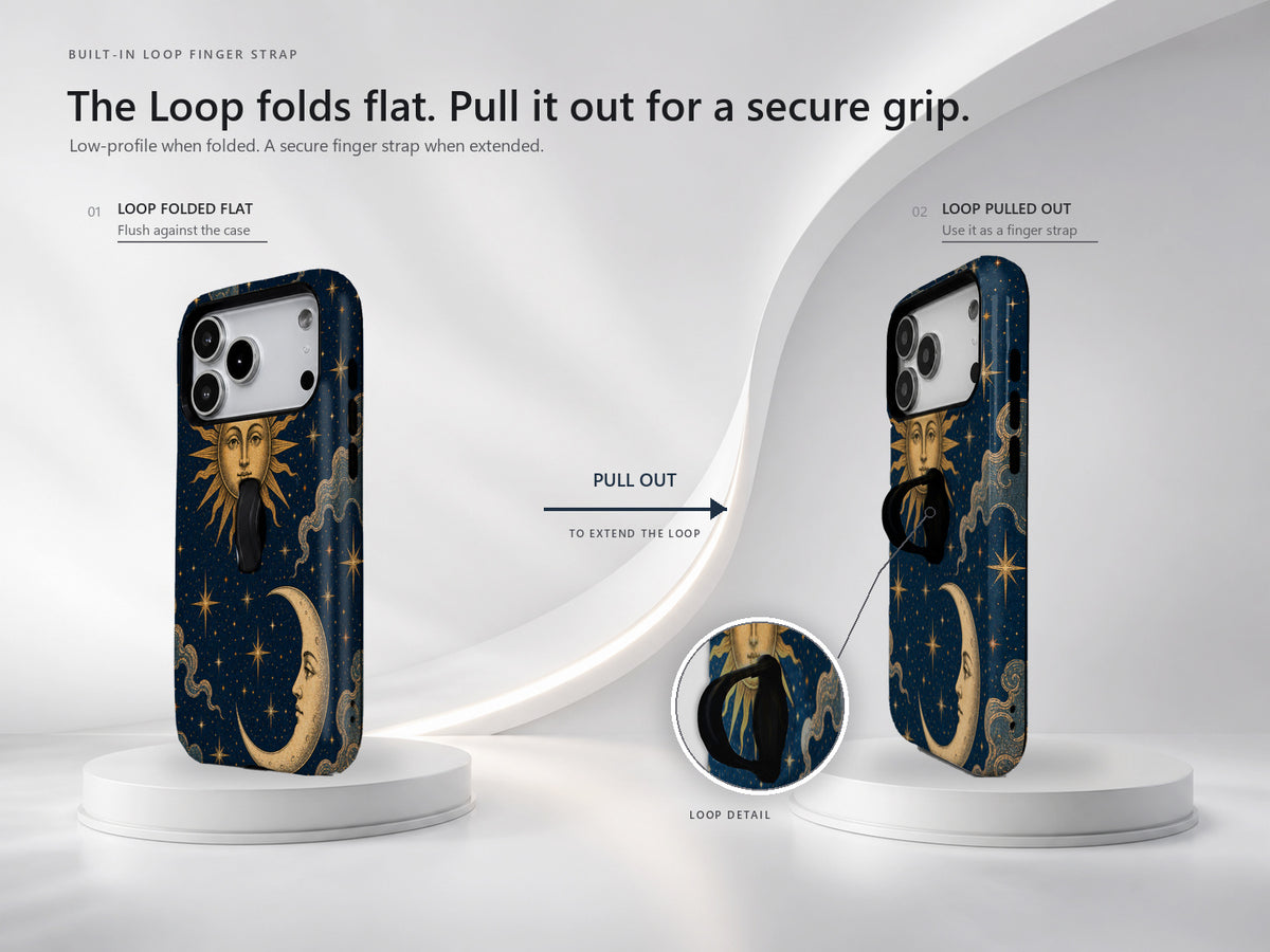Celestial Sun and Moon MagSafe Loop iPhone Case side view showing the built-in finger loop