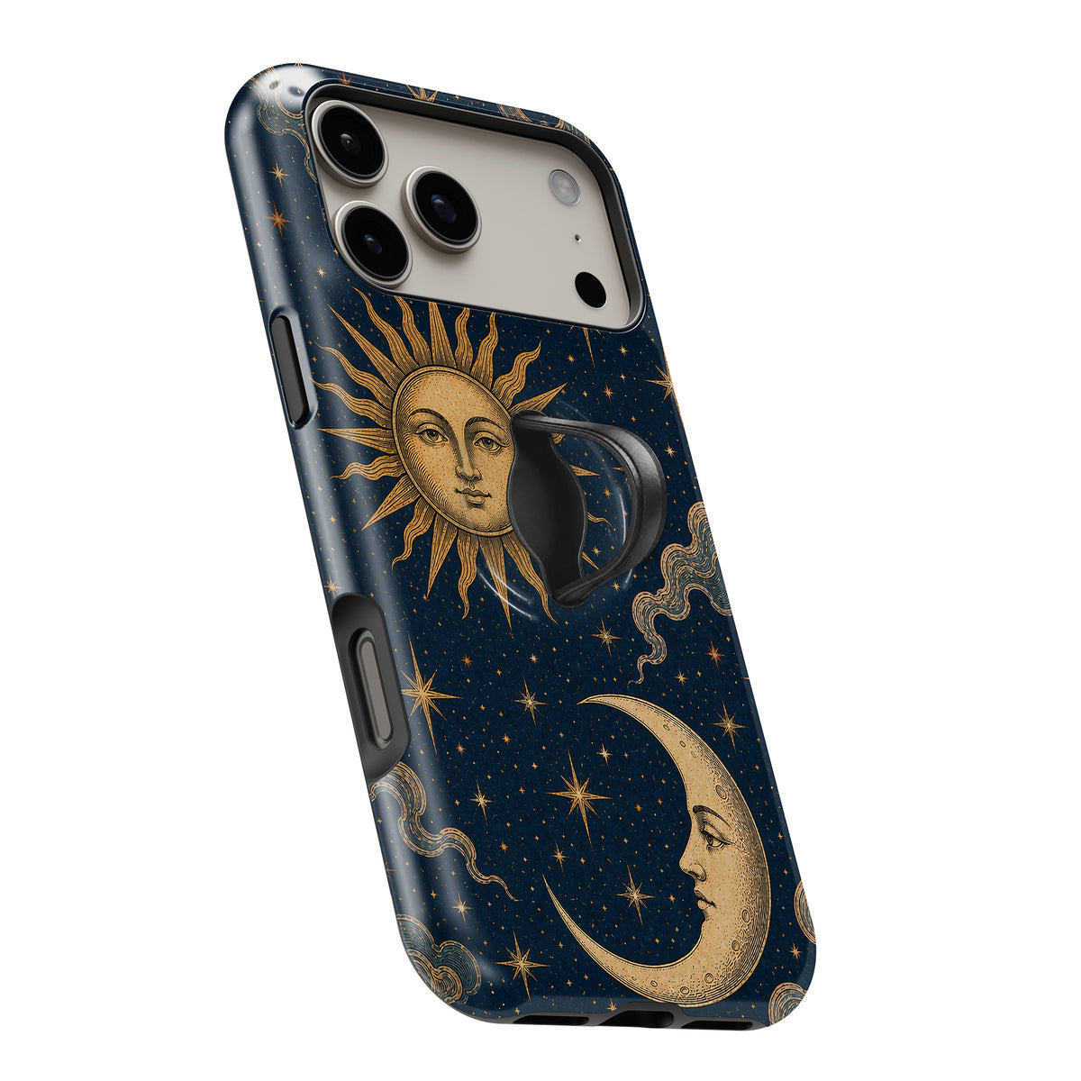 Celestial Sun and Moon MagSafe Loop iPhone case with built-in finger loop open