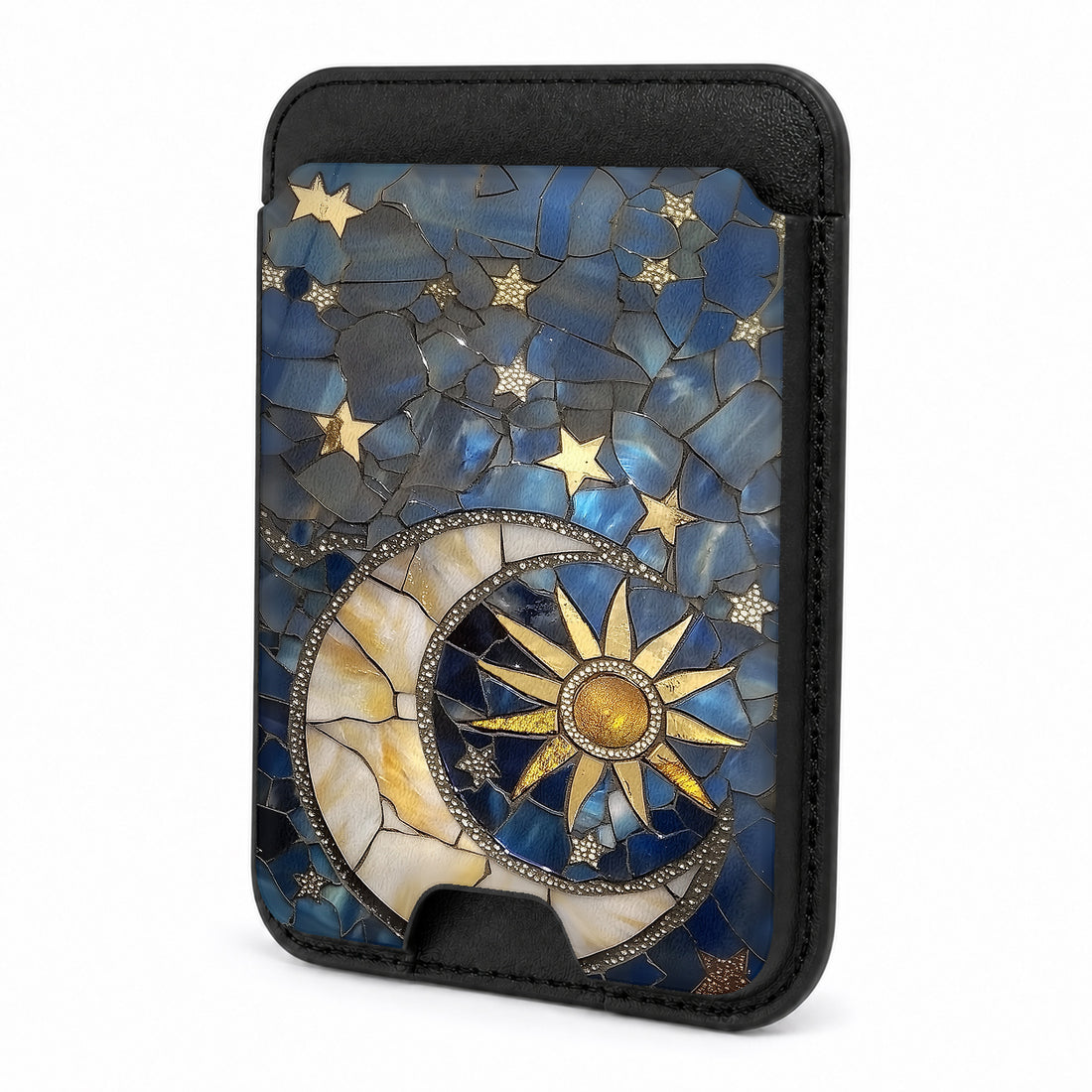 Front view of the Celestial Sun Moon Compass MagSafe card holder on a white background
