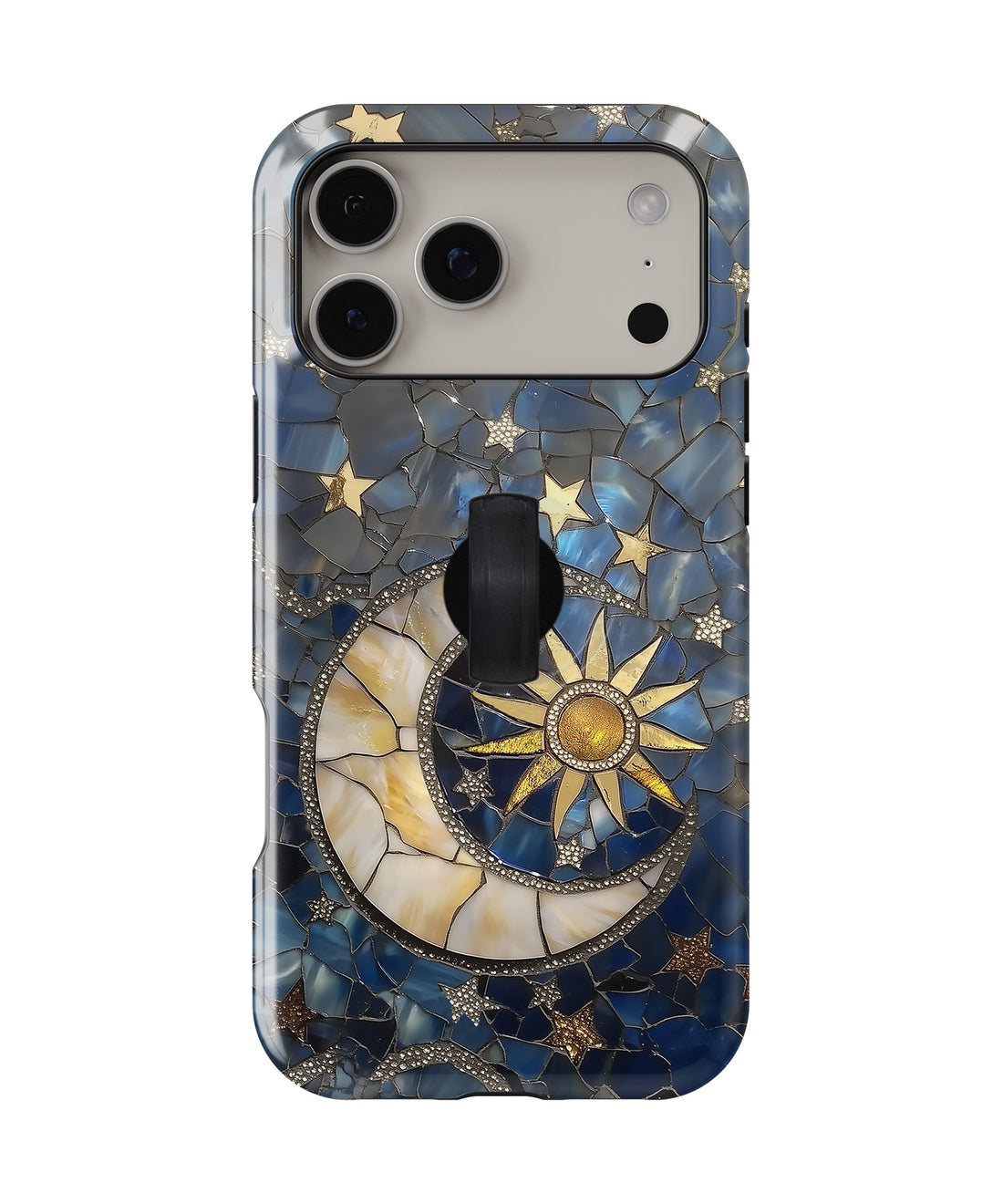 Celestial Sun Moon Compass MagSafe Loop iPhone Case with built-in finger loop closed