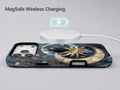 Celestial Sun Moon Compass MagSafe Loop iPhone Case shown with a MagSafe-compatible wireless charger attached