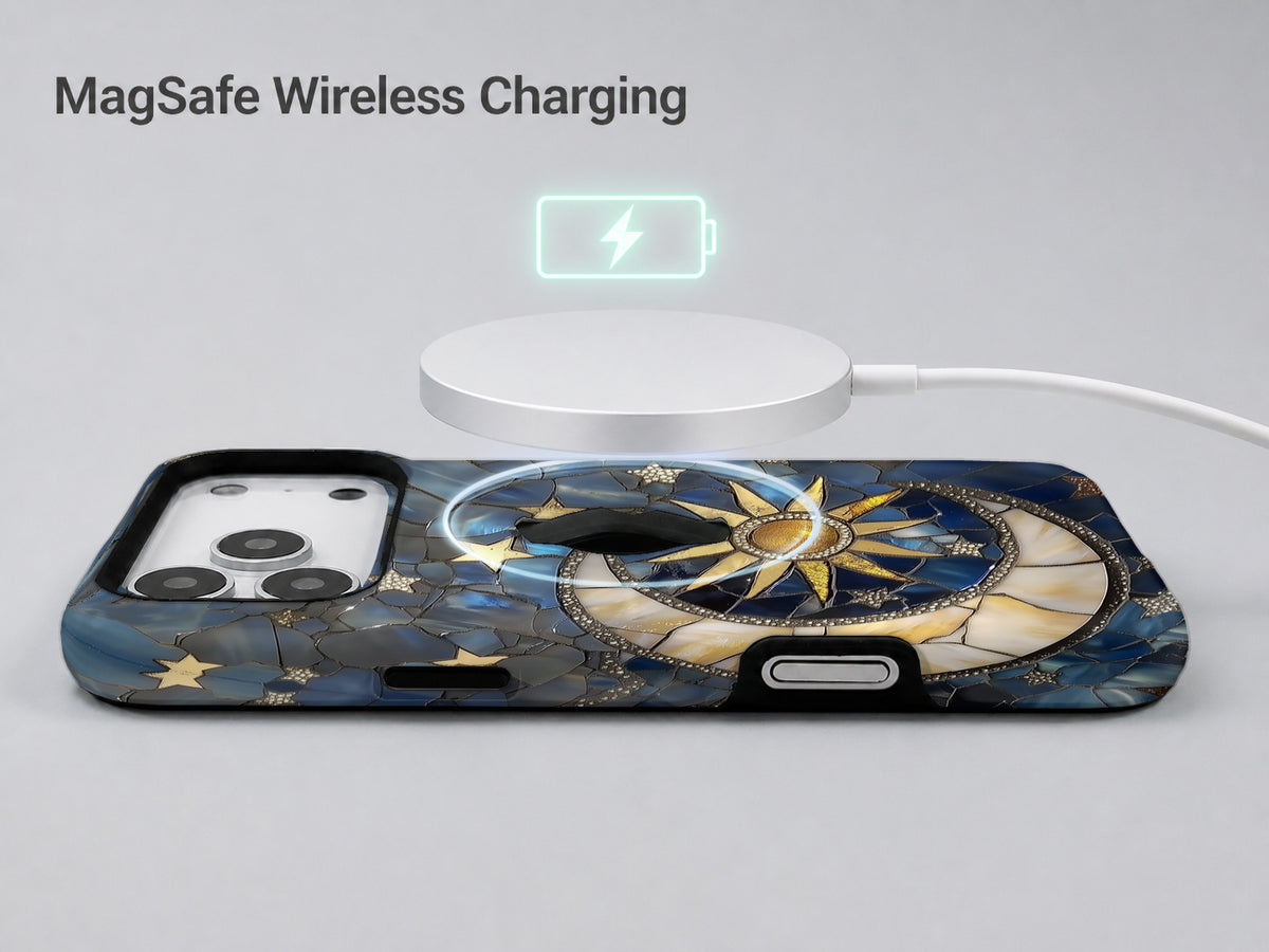Celestial Sun Moon Compass MagSafe Loop iPhone Case shown with a MagSafe-compatible wireless charger attached