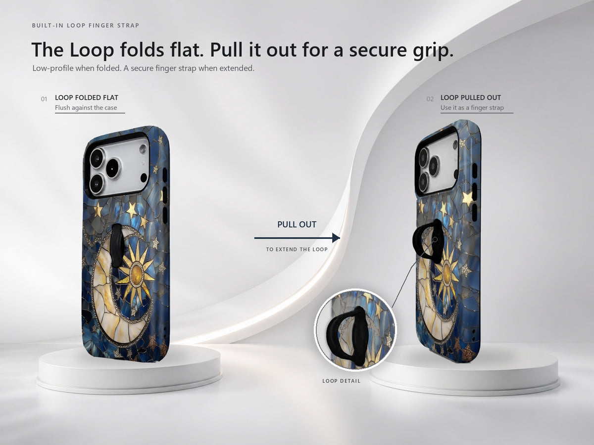Celestial Sun Moon Compass MagSafe Loop iPhone Case side view showing the built-in finger loop