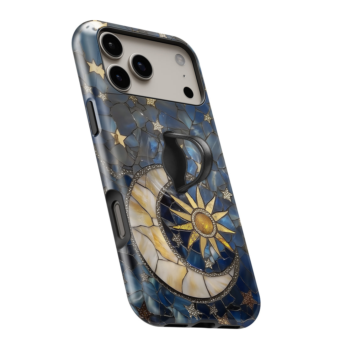 Celestial Sun Moon Compass MagSafe Loop iPhone case with built-in finger loop open