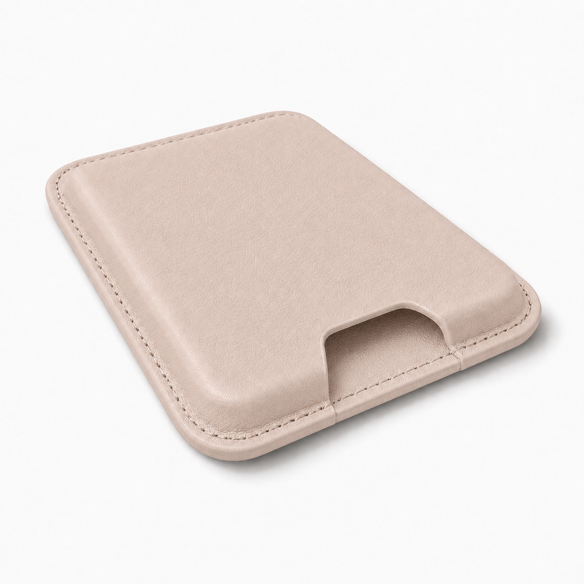 Champagne Beige MagSafe card holder angled close-up showing stitching and textured finish