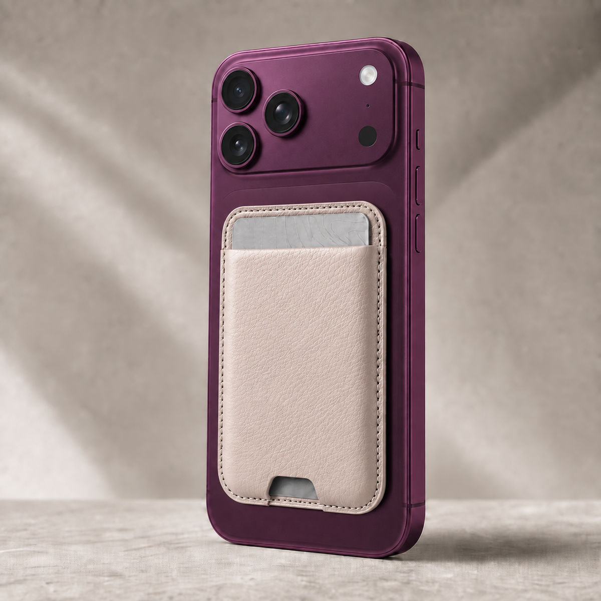 Champagne Beige MagSafe card holder attached to a phone for everyday carry