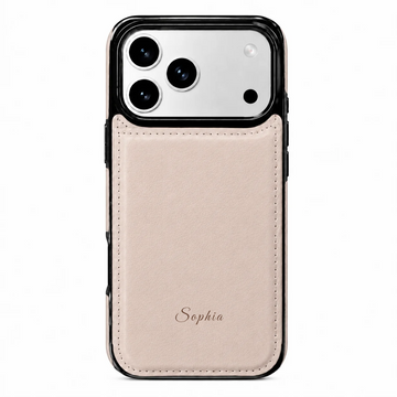 Champagne beige MagSafe flip wallet case personalized with the name Sophia