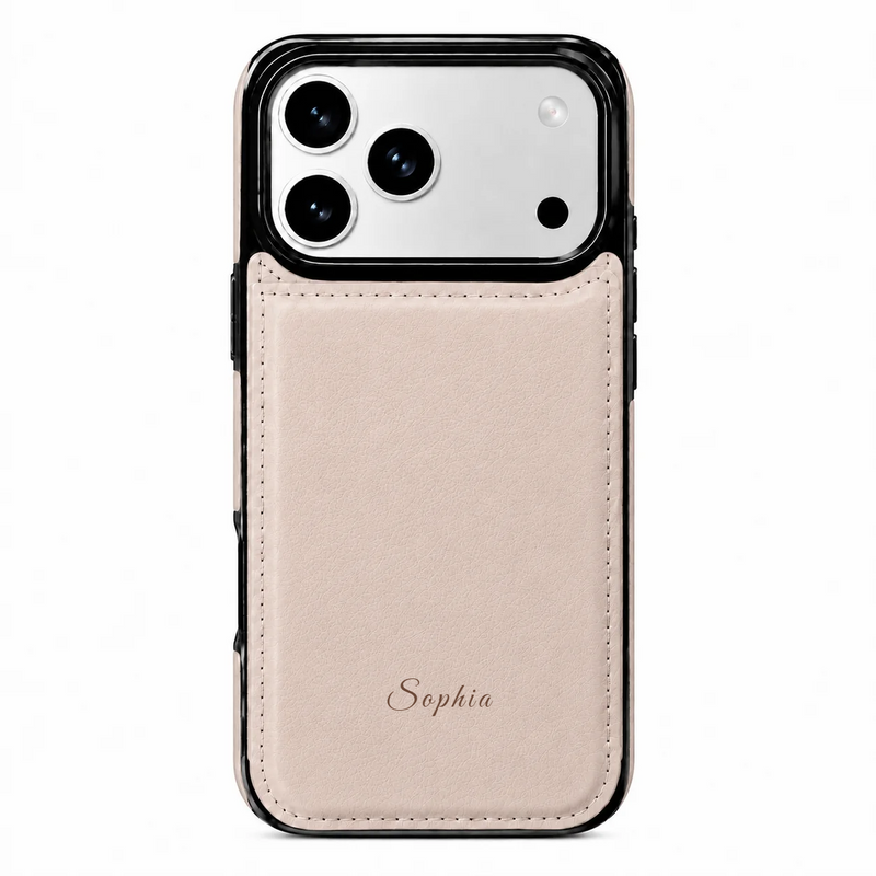 Champagne beige MagSafe flip wallet case personalized with the name Sophia