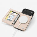 Champagne beige MagSafe flip wallet case open with card slots, cash pocket and magnetic charging