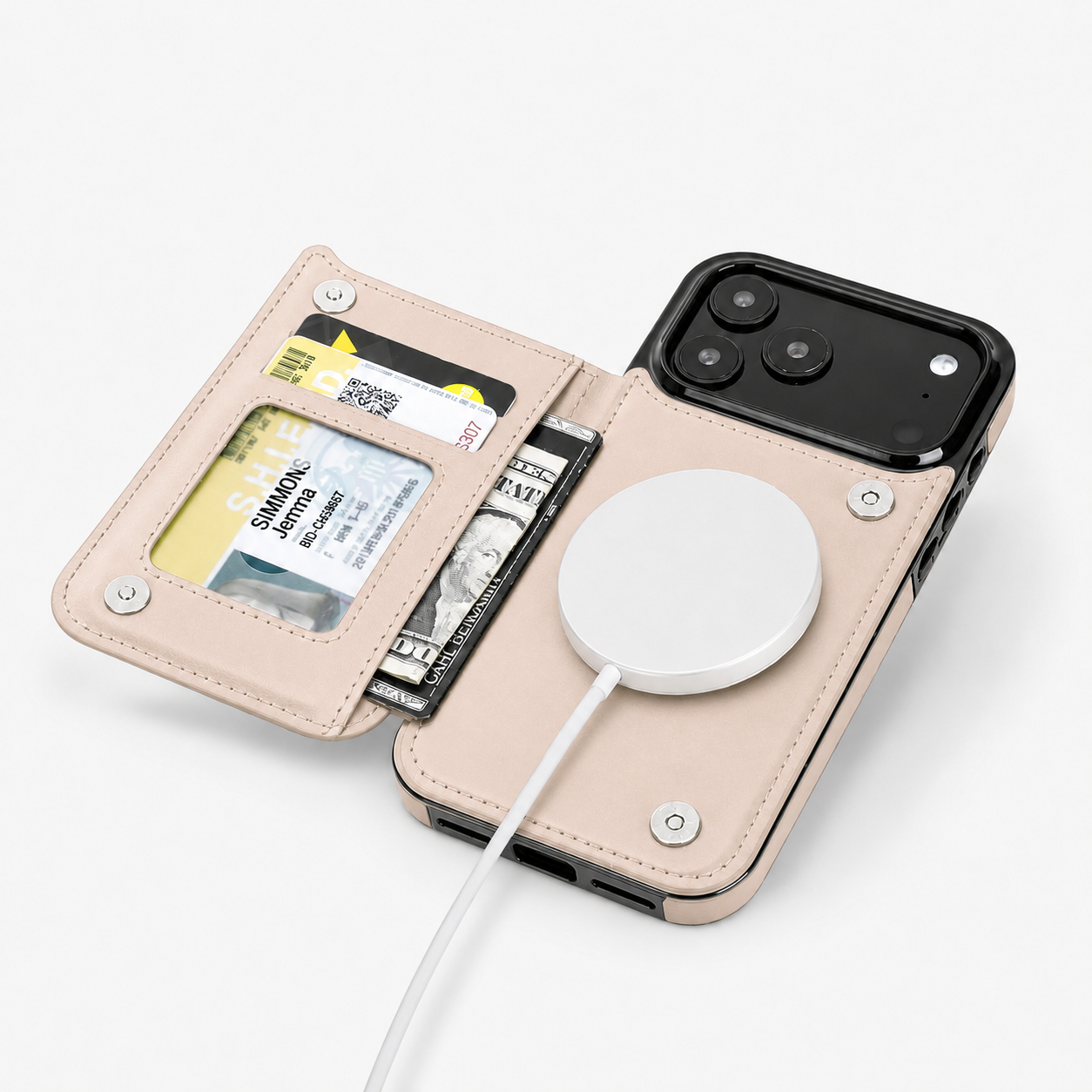 Champagne beige MagSafe flip wallet case open with card slots, cash pocket and magnetic charging