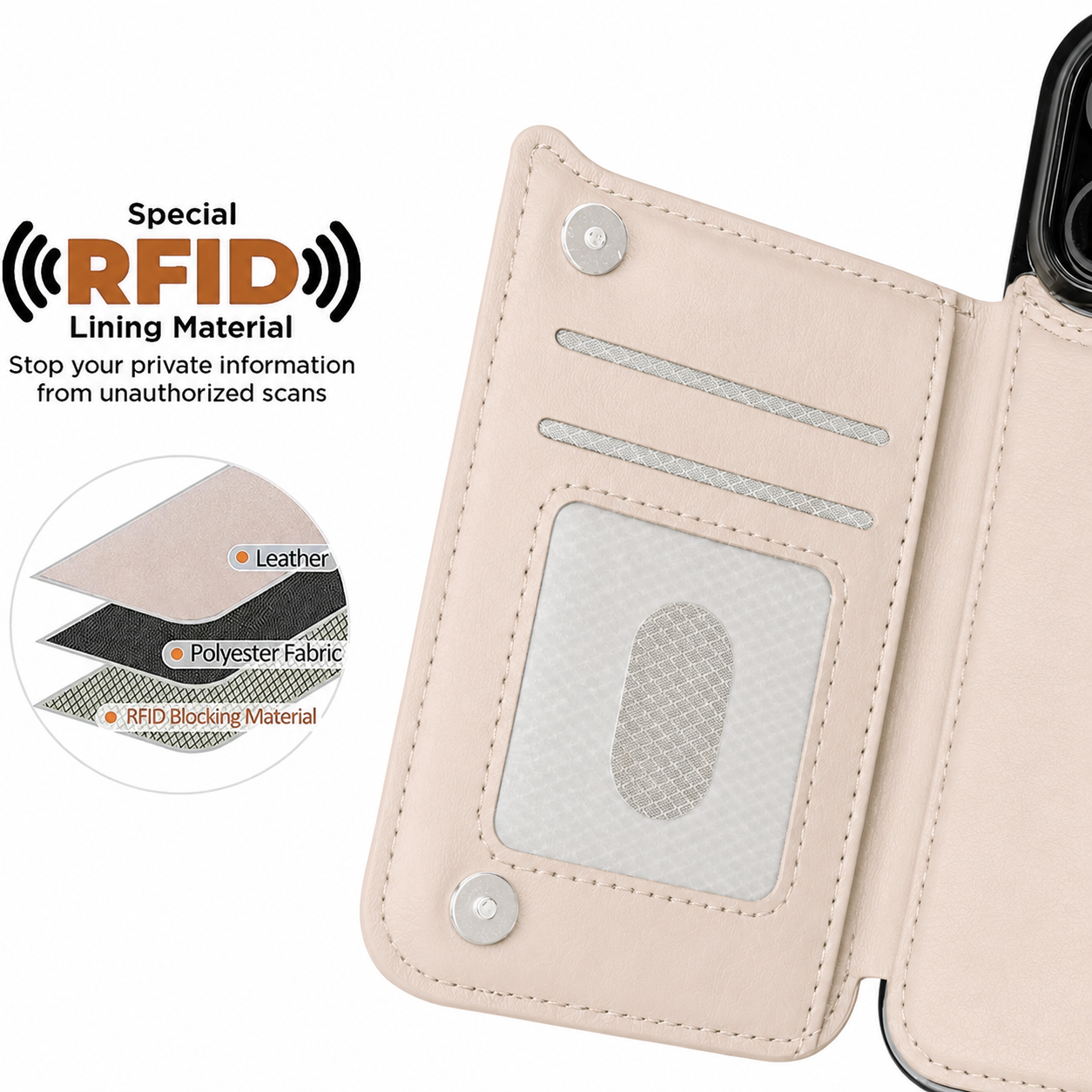 RFID-blocking card slots inside a champagne beige MagSafe flip wallet case