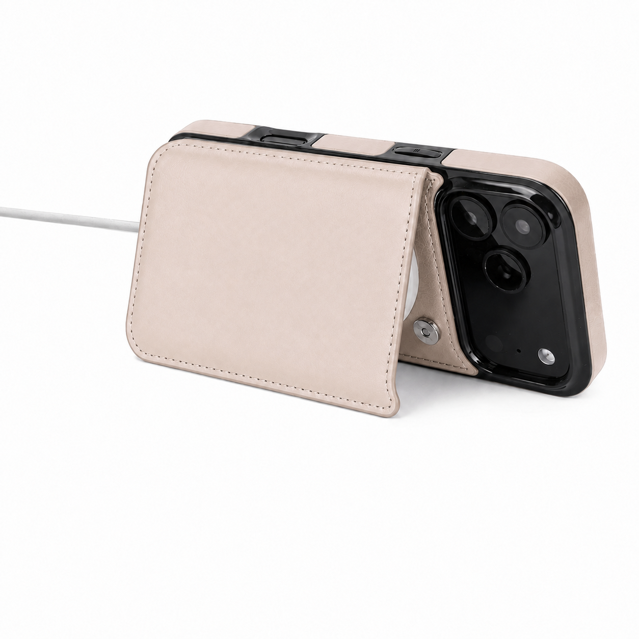 Champagne beige MagSafe flip wallet case folded into a horizontal viewing stand