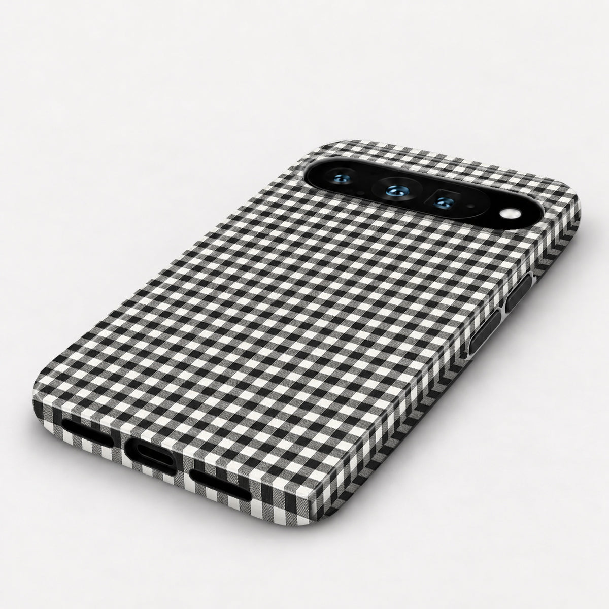 Charcoal Black and White Gingham Google Pixel Case - angled bottom view