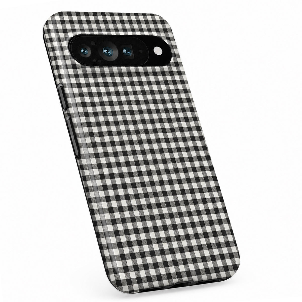 Charcoal Black and White Gingham Google Pixel Case - standing angled view