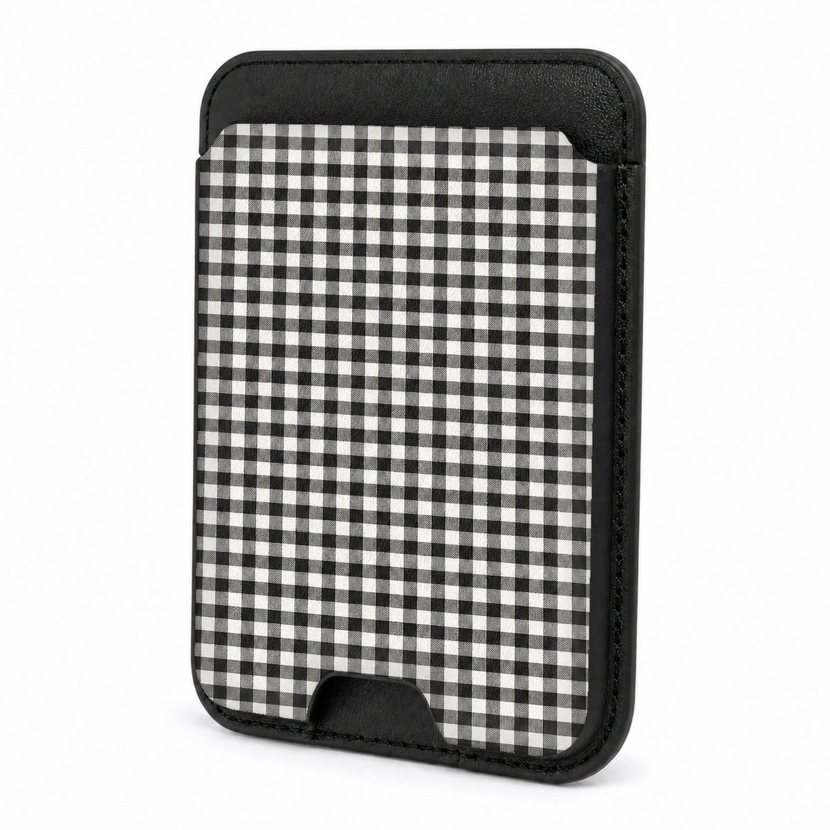 Charcoal Black and White Gingham MagSafe Card Holder, front view