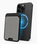 Charcoal Black and White Gingham MagSafe Card Holder, magnetic attachment to a compatible iPhone