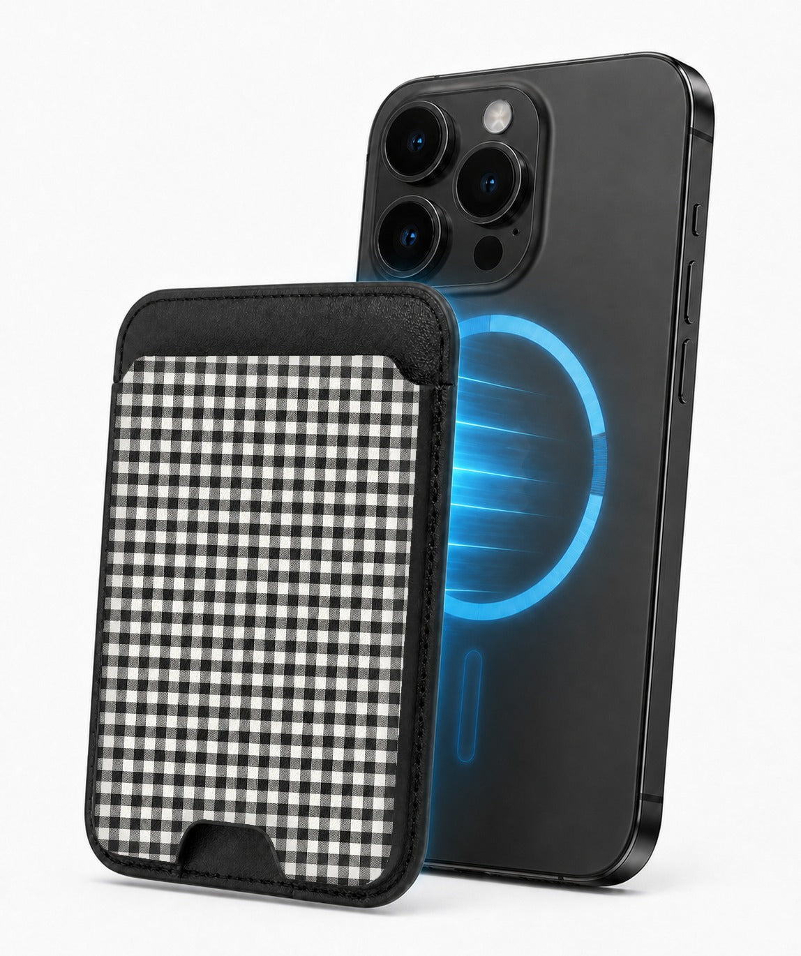 Charcoal Black and White Gingham MagSafe Card Holder, magnetic attachment to a compatible iPhone