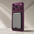 Charcoal Black and White Gingham MagSafe Card Holder, attached to a compatible phone