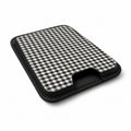 Charcoal Black and White Gingham MagSafe Card Holder, angled view showing the thumb access opening