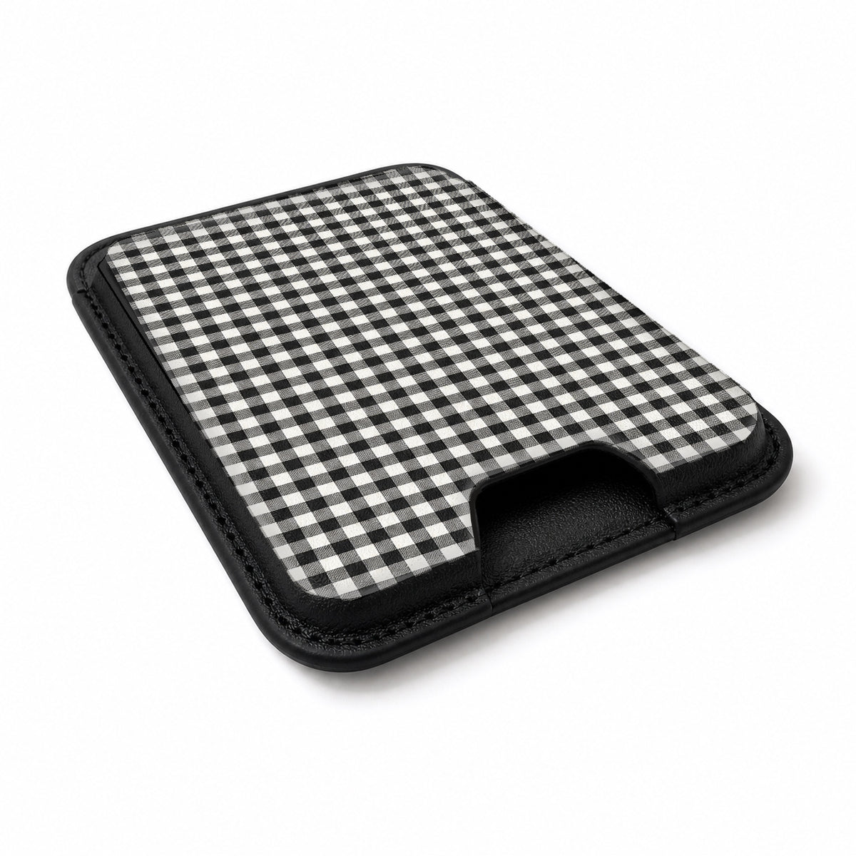 Charcoal Black and White Gingham MagSafe Card Holder, angled view showing the thumb access opening