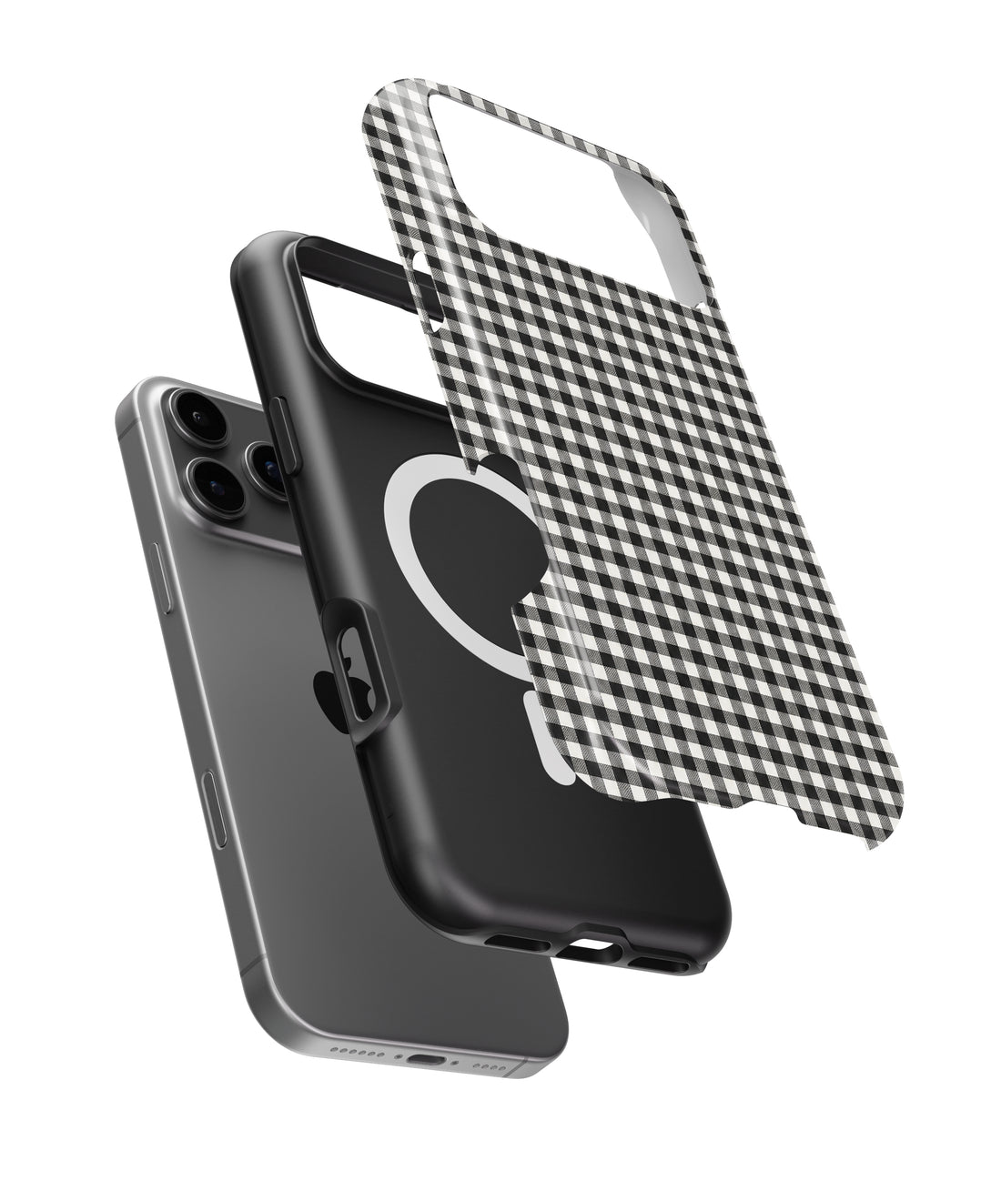 Charcoal Black and White Gingham MagSafe iPhone Tough Case, exploded view showing outer shell, inner layer and magnetic ring