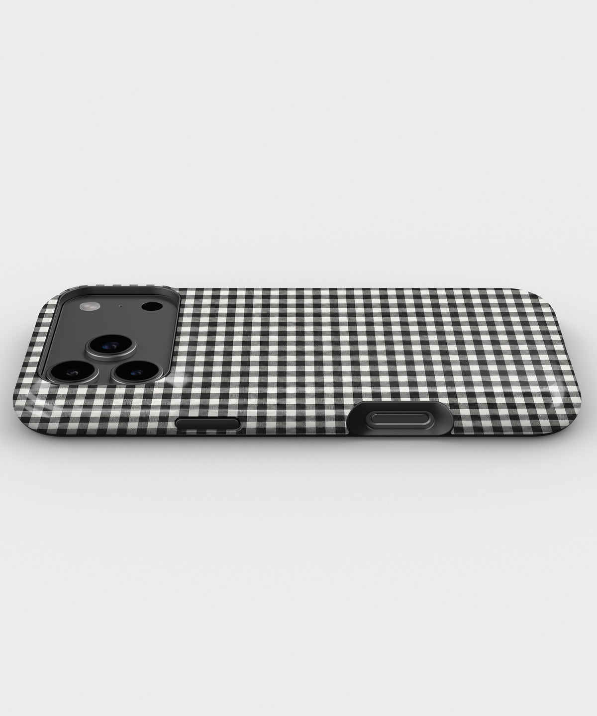 Charcoal Black and White Gingham MagSafe iPhone Tough Case, side view showing case edges