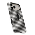 Charcoal Black and White Gingham MagSafe Loop Case, angled view with finger loop extended