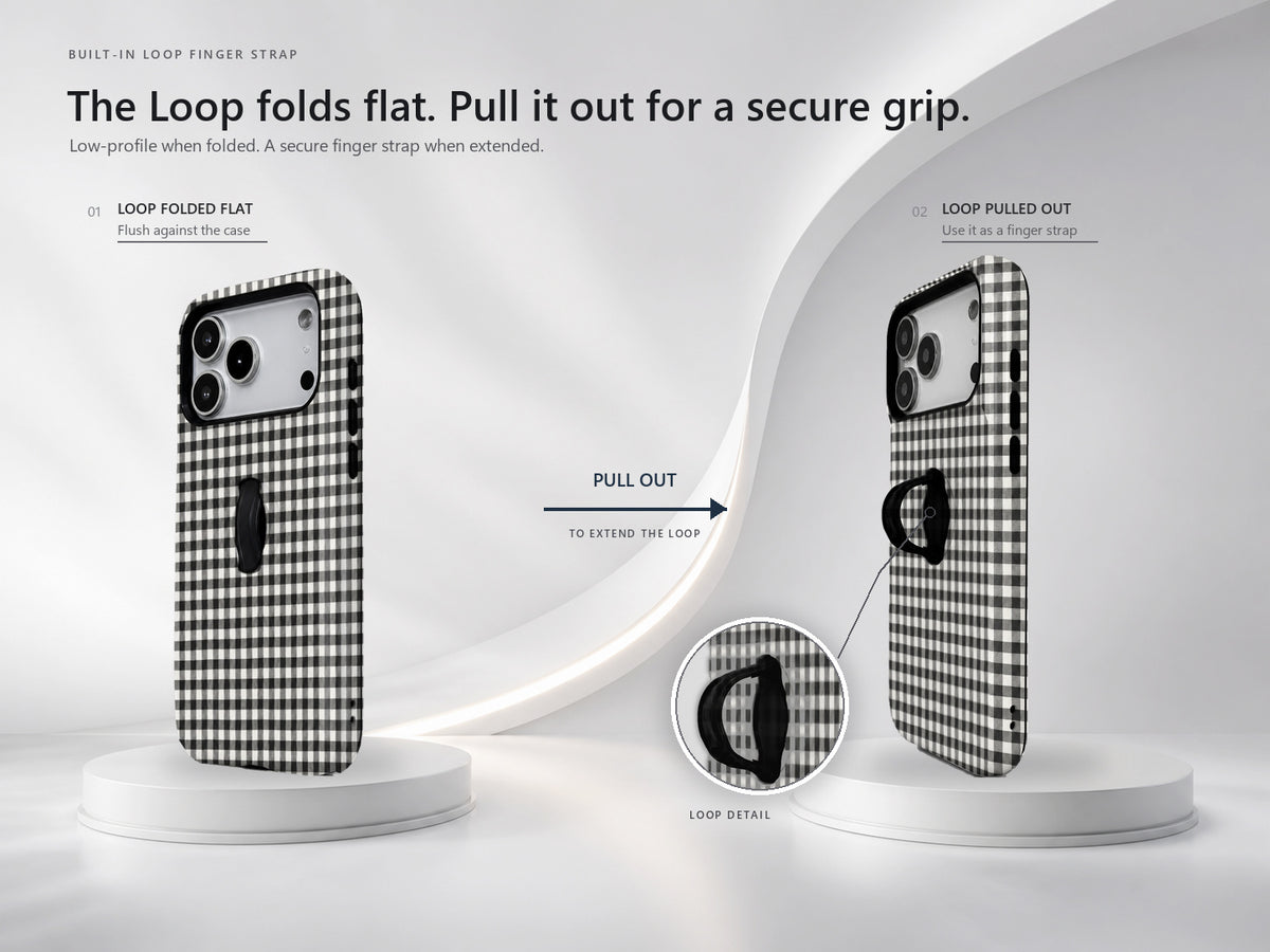 Charcoal Black and White Gingham MagSafe Loop Case, finger loop folded and extended positions