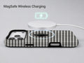 Charcoal Black and White Gingham MagSafe Loop Case, shown with a MagSafe wireless charger