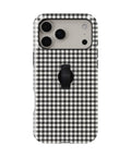 Charcoal Black and White Gingham MagSafe Loop Case, rear view with finger loop folded flat