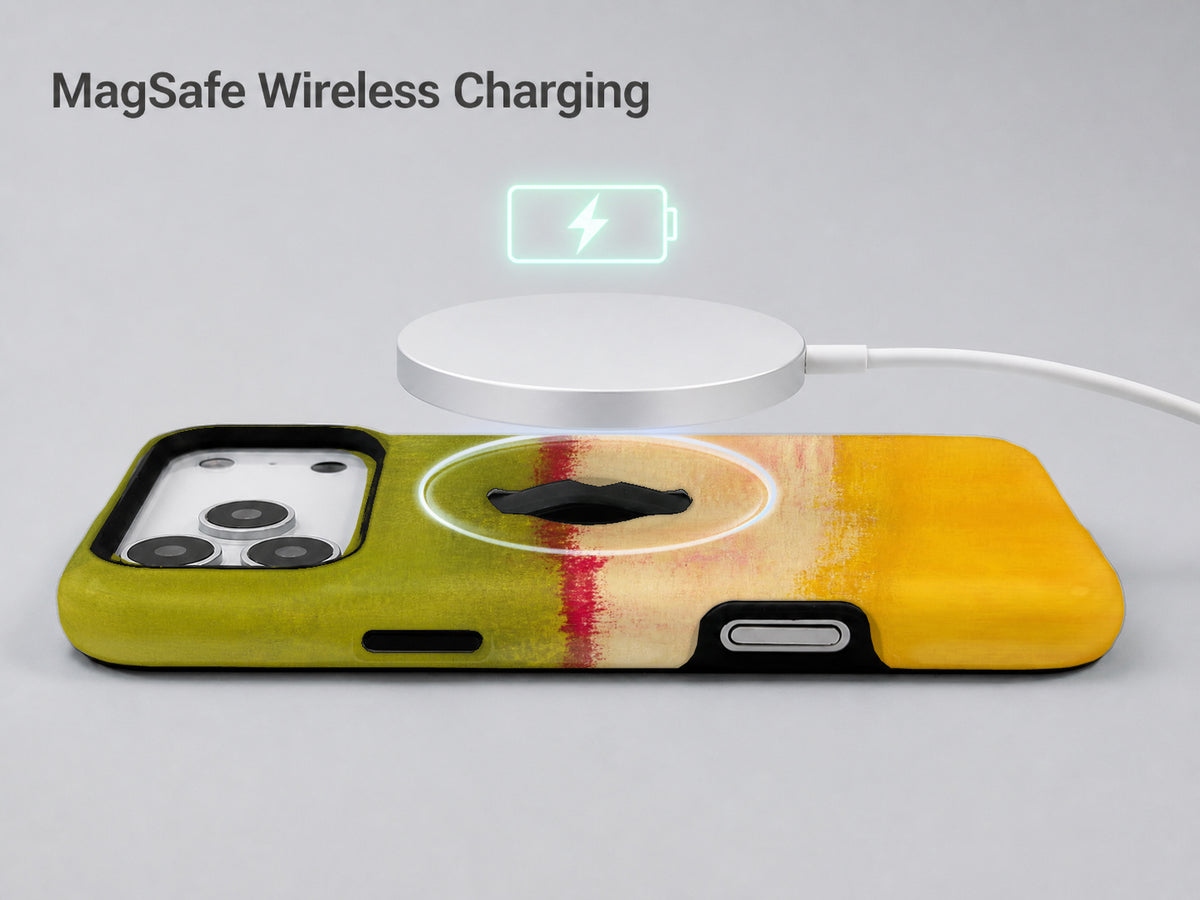 Chartreuse Cream Golden Yellow Color Block MagSafe Loop iPhone Case shown with a MagSafe-compatible wireless charger attached