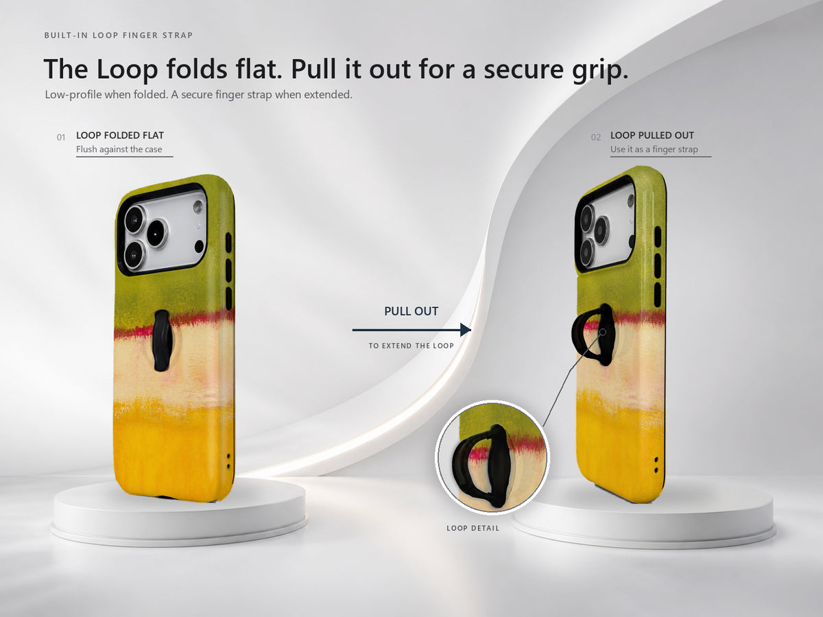 Chartreuse Cream Golden Yellow Color Block MagSafe Loop iPhone Case side view showing the built-in finger loop