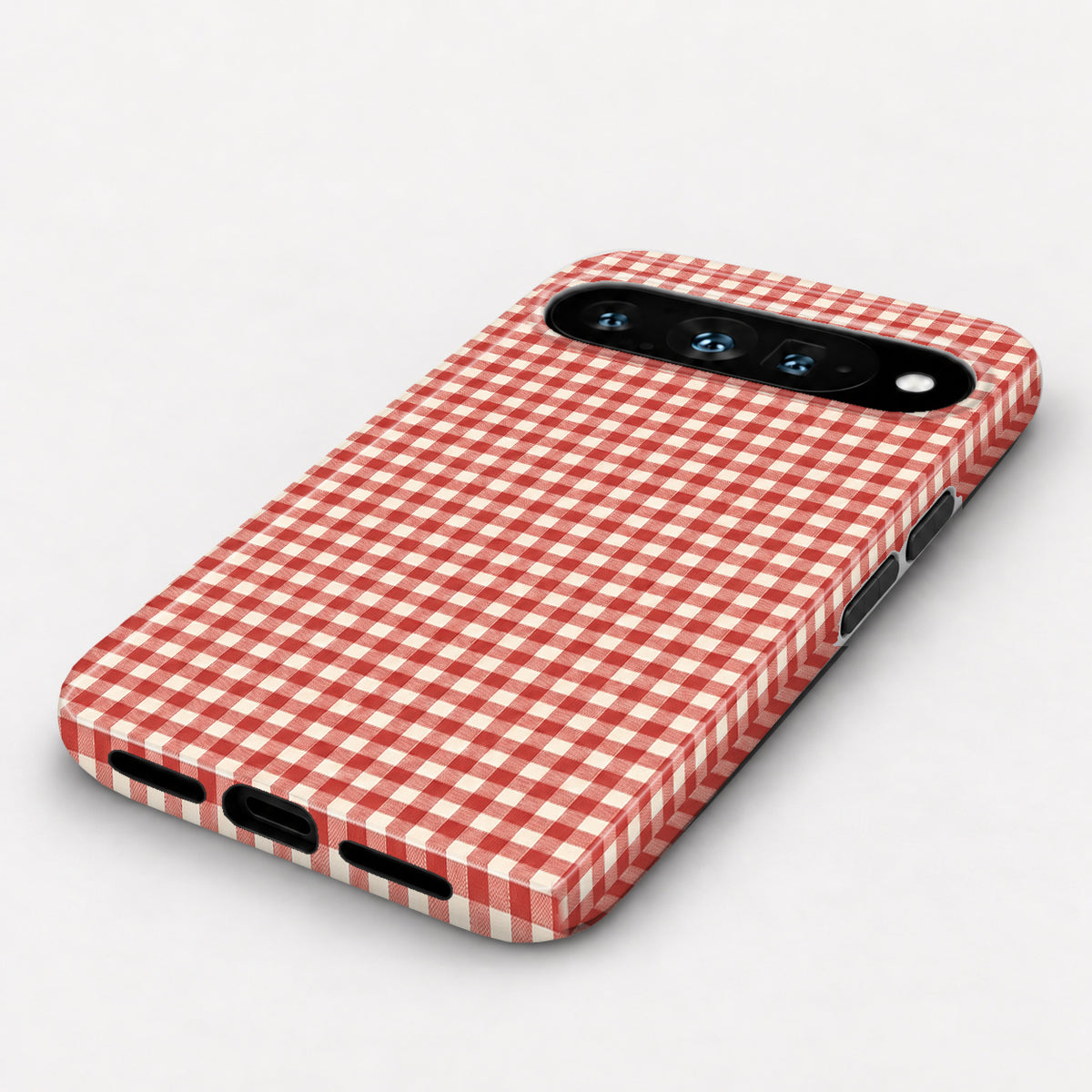 Cherry Red and White Gingham Google Pixel Case - angled bottom view