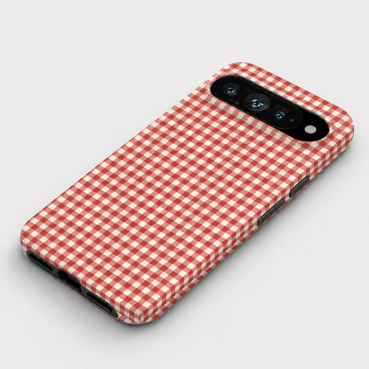 Cherry Red and White Gingham Google Pixel Case - flat angled view
