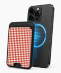 Cherry Red and White Gingham MagSafe Card Holder, magnetic attachment to a compatible iPhone