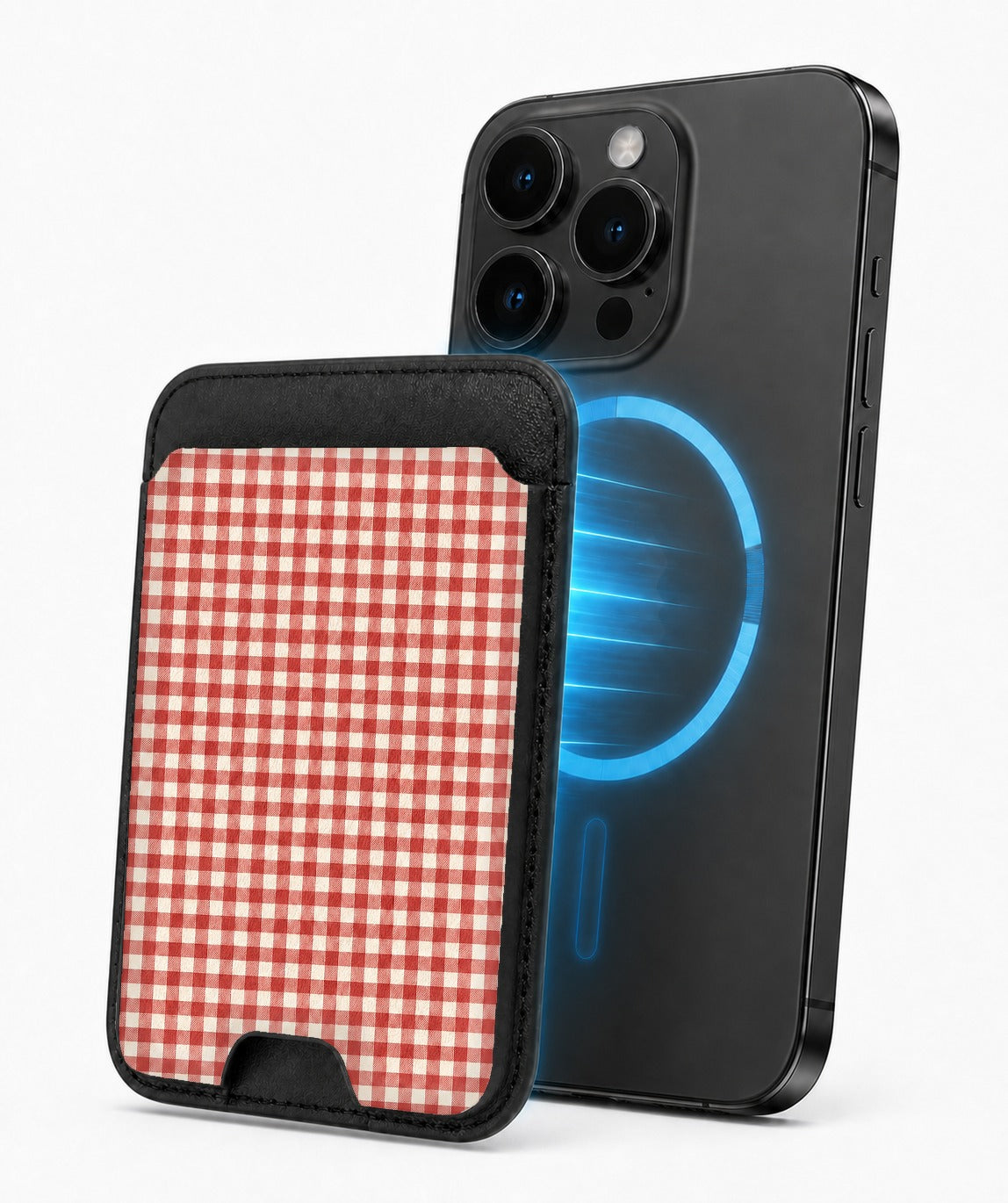 Cherry Red and White Gingham MagSafe Card Holder, magnetic attachment to a compatible iPhone