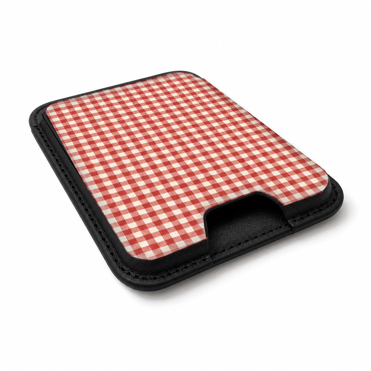 Cherry Red and White Gingham MagSafe Card Holder, angled view showing the thumb access opening