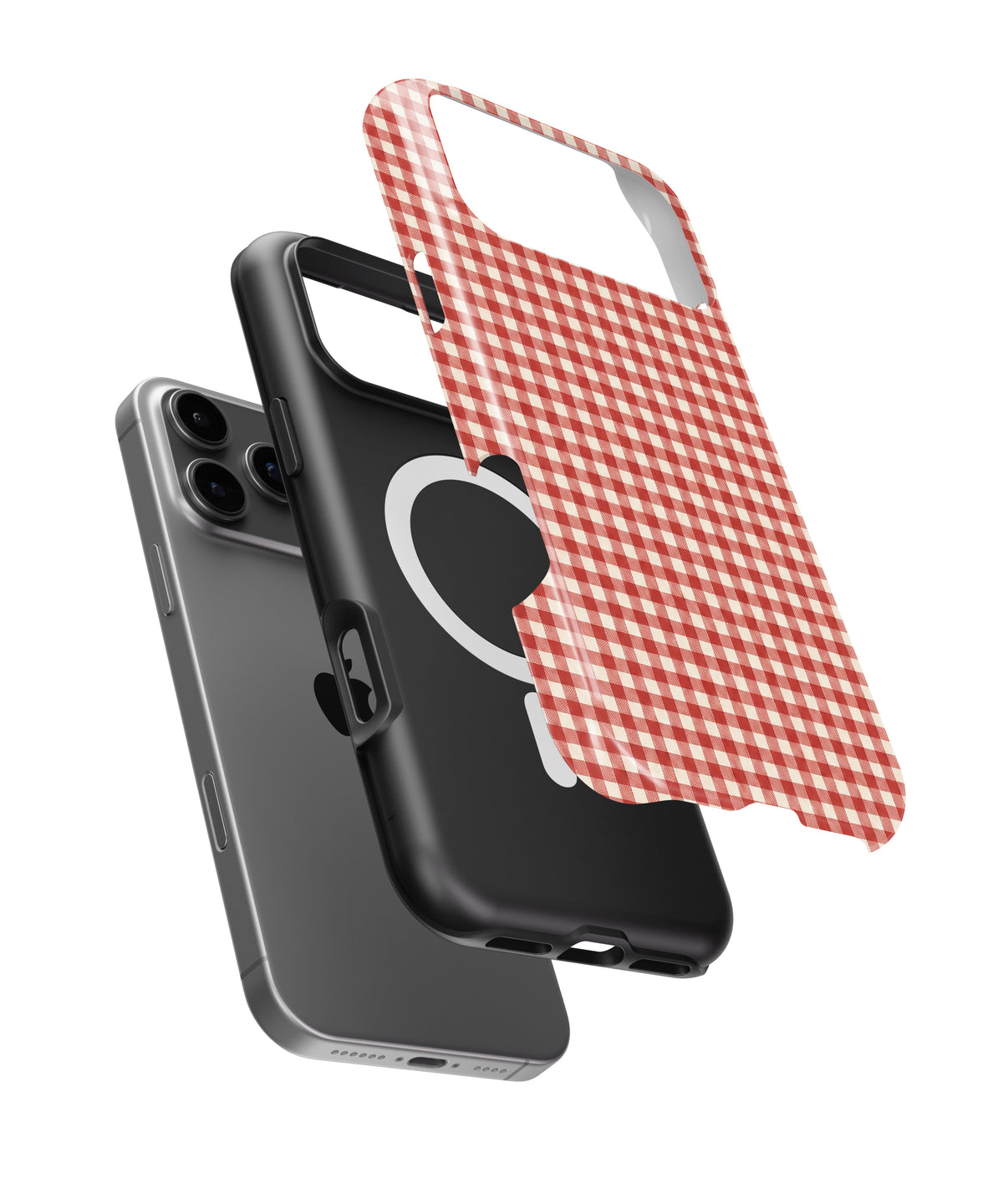 Cherry Red and White Gingham MagSafe iPhone Tough Case, exploded view showing outer shell, inner layer and magnetic ring