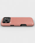Cherry Red and White Gingham MagSafe iPhone Tough Case, side view showing case edges