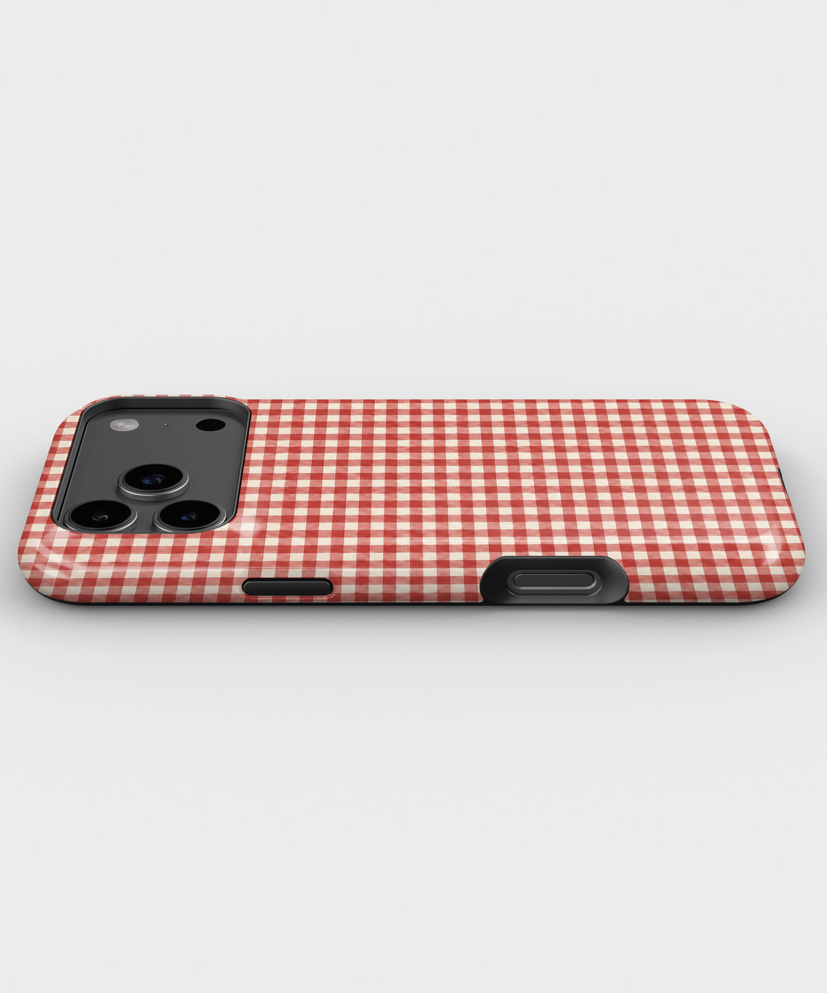 Cherry Red and White Gingham MagSafe iPhone Tough Case, side view showing case edges