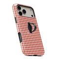 Cherry Red and White Gingham MagSafe Loop Case, angled view with finger loop extended