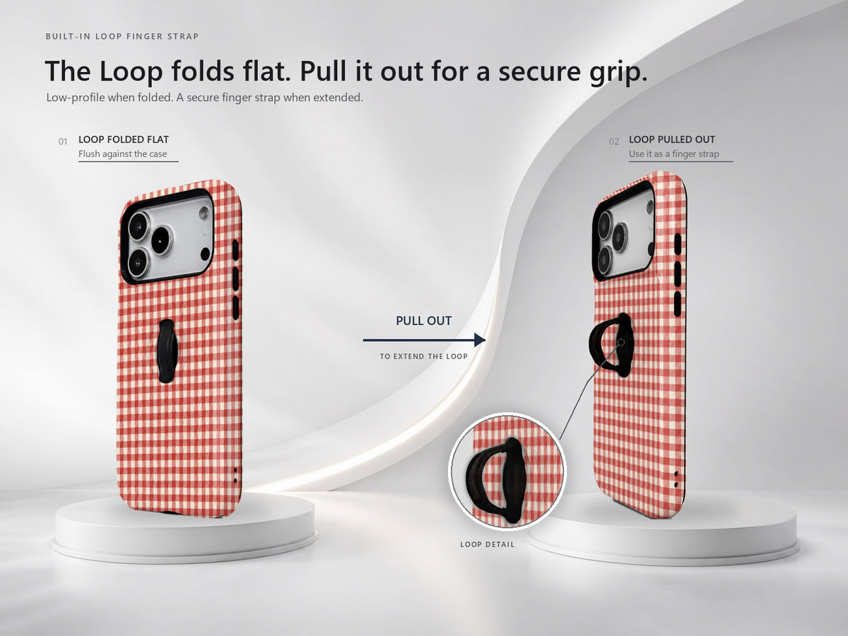 Cherry Red and White Gingham MagSafe Loop Case, finger loop folded and extended positions
