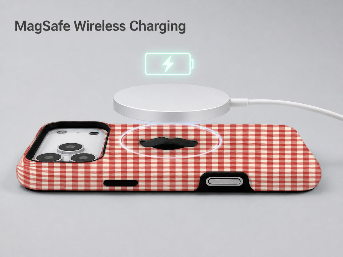 Cherry Red and White Gingham MagSafe Loop Case, shown with a MagSafe wireless charger