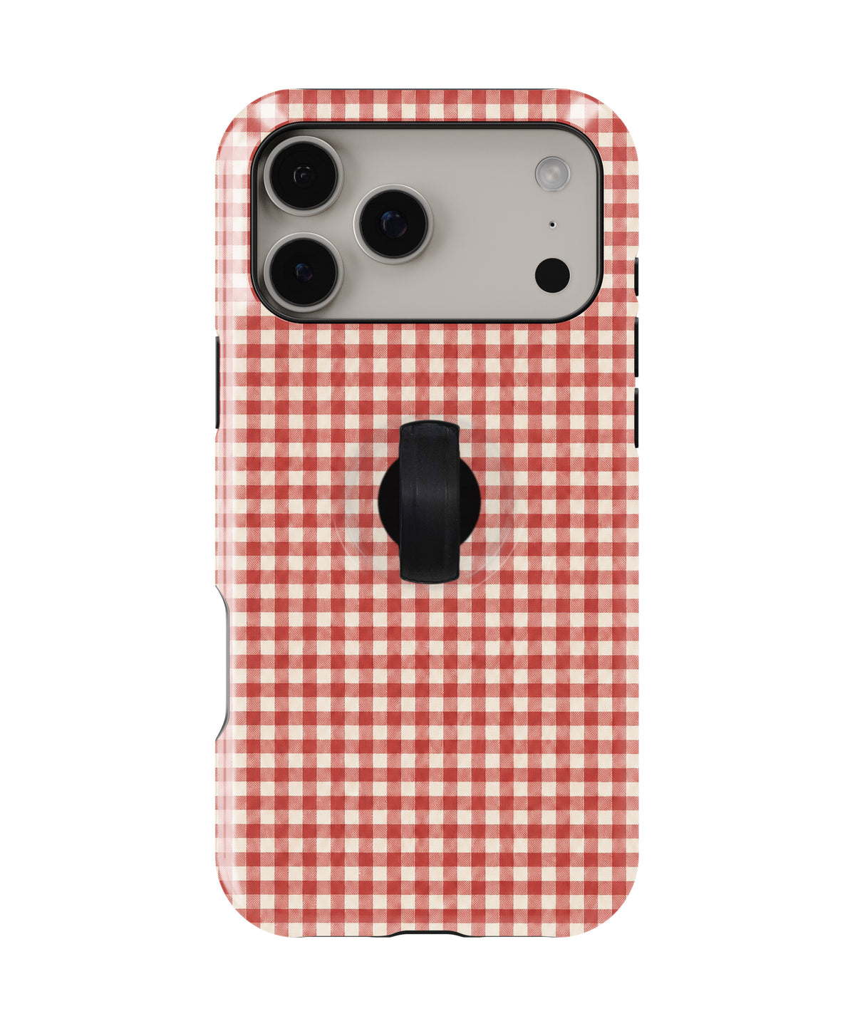 Cherry Red and White Gingham MagSafe Loop Case, rear view with finger loop folded flat