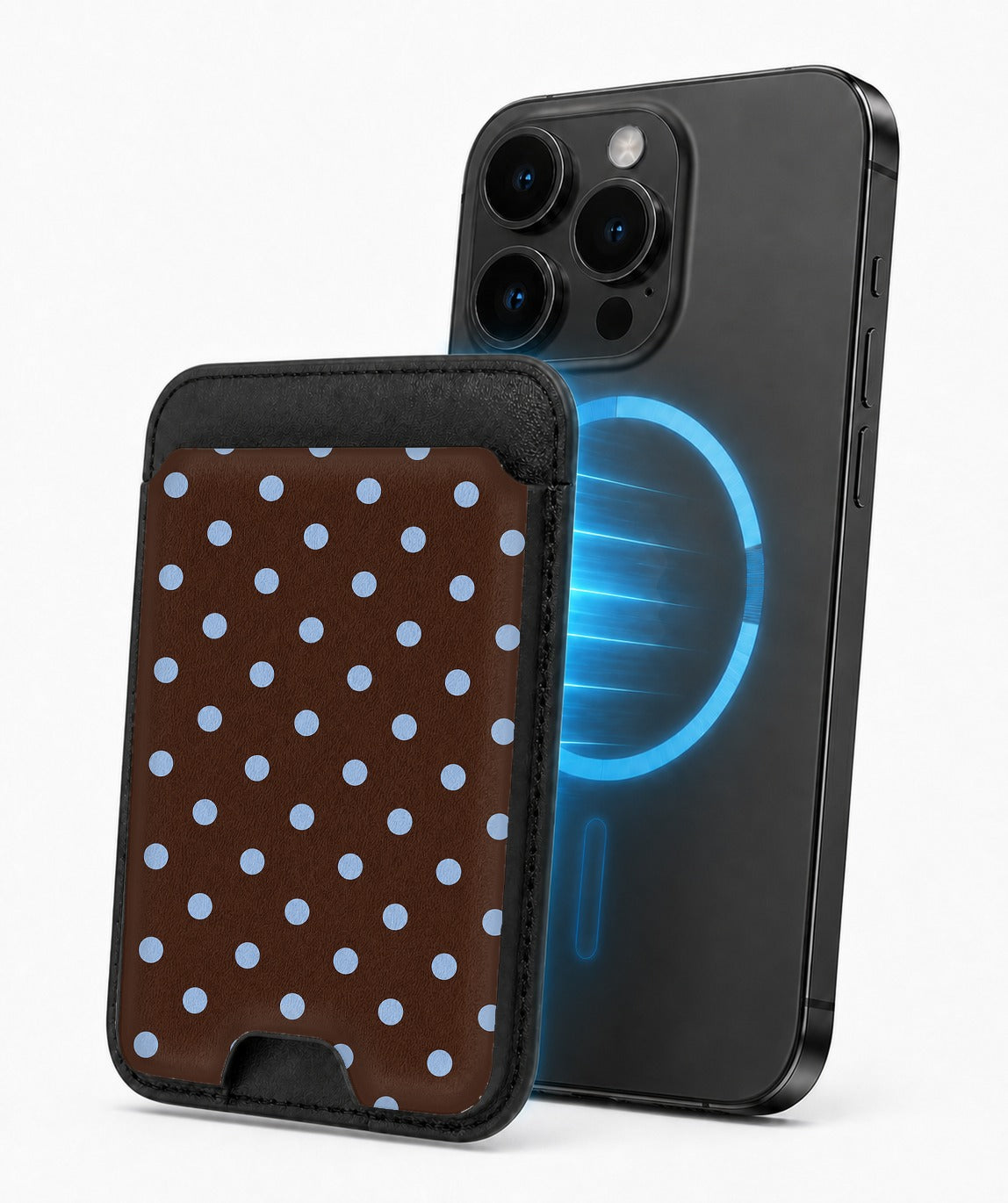Chocolate Blue Polka Dots MagSafe Card Holder - side view