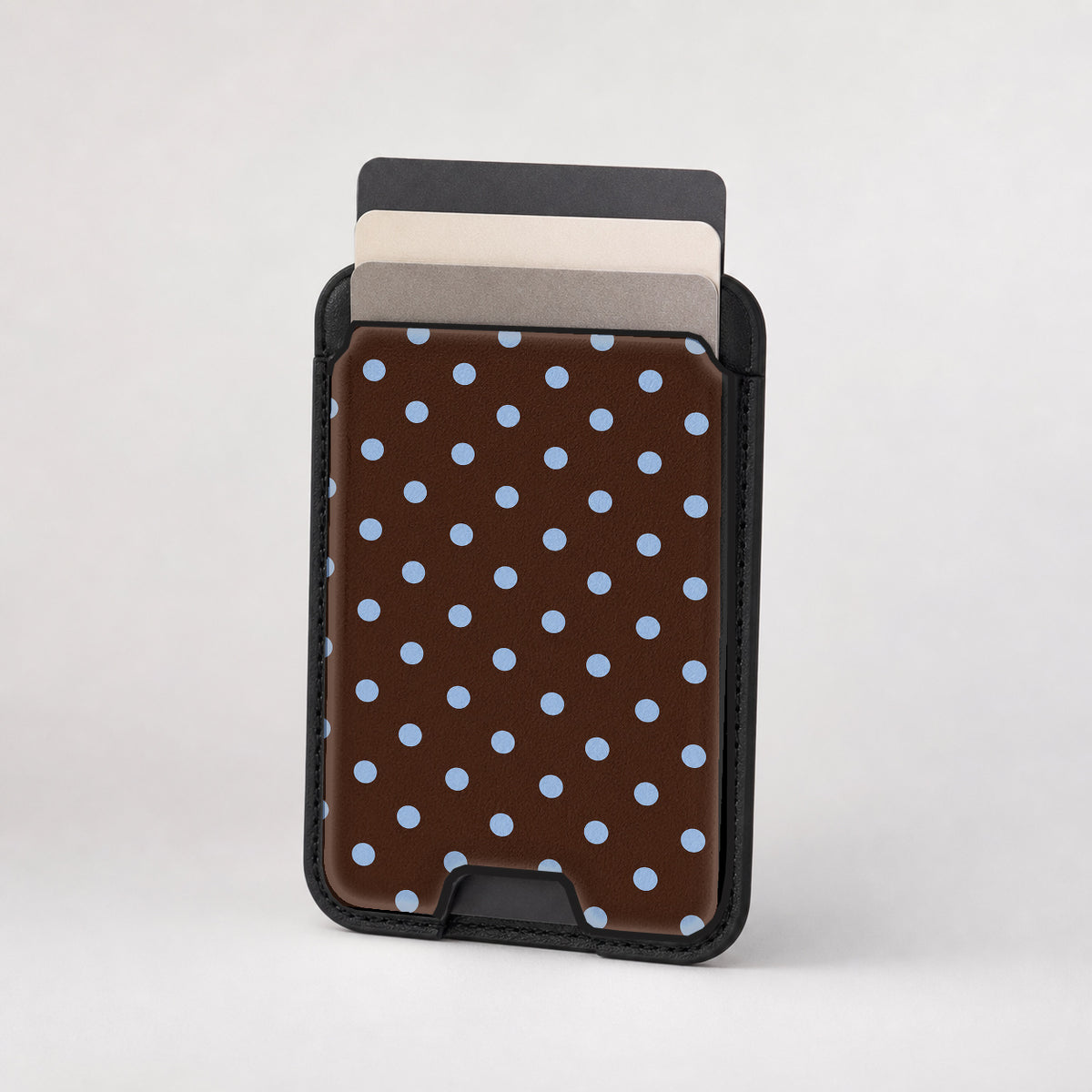 Chocolate Blue Polka Dots MagSafe Card Holder - card storage view