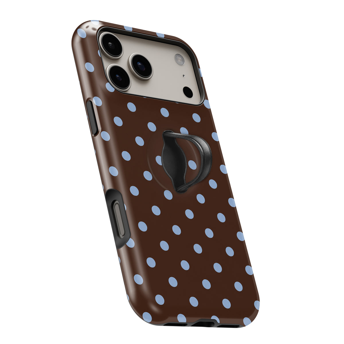 Chocolate Blue Polka Dots MagSafe Loop iPhone Case - angled view